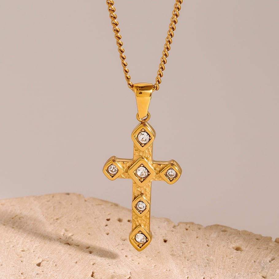 1 Piece Simple Series Europe and America Cross Stainless Steel 18K Gold Plated Rhinestone Women Pendant Necklaces Picture3