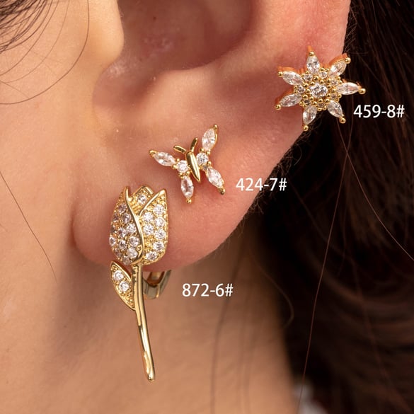 1 par de pendientes de botón de cobre con diseño de flor clásica de serie simple, sin chapado, con circonitas para mujer