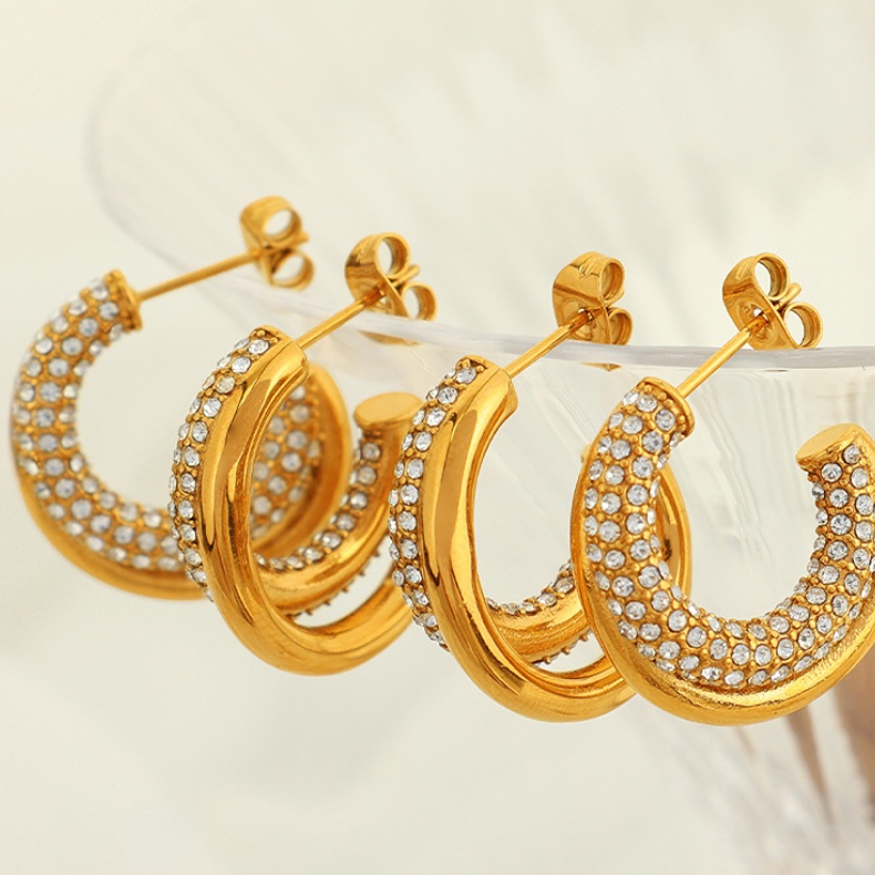 1 Pair Simple Series Classic Geometric Stainless Steel 18K Gold Plated Rhinestone Women Hoop Earrings Picture6