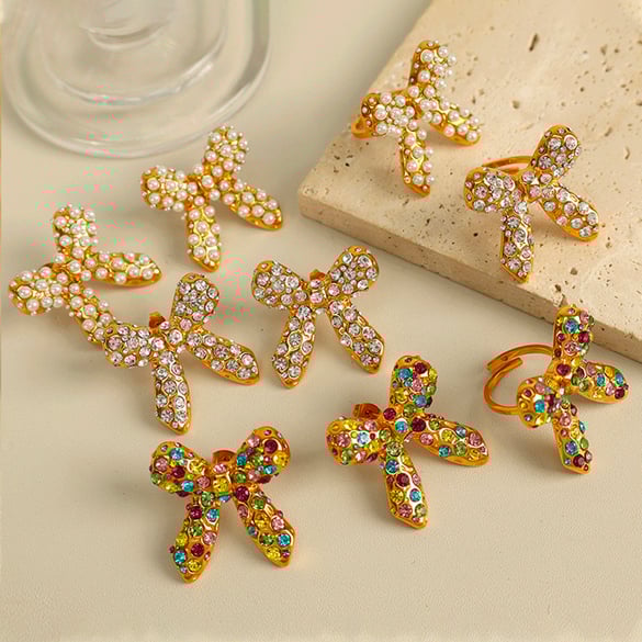 1 Pair Simple Series Retro Bow Knot Stainless Steel 18K Gold Plated Rhinestone Women Stud Earrings 2
