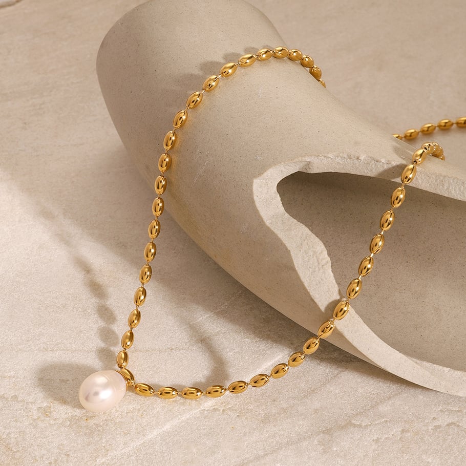 1 Stück Classic Series Retro Beads Edelstahl 18 Karat vergoldet Kunstperle Damen Anhänger Halsketten Bild3