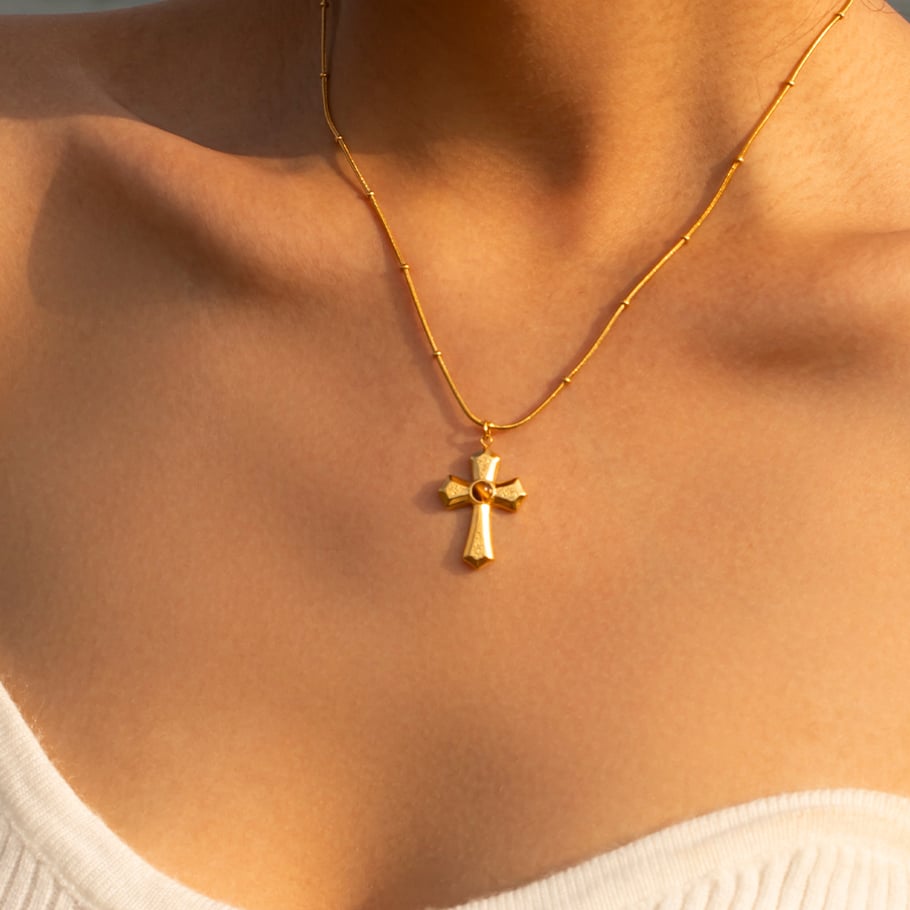 1 pezzo semplice serie ins stile croce in acciaio inossidabile placcato oro 18 carati pietra naturale collane con ciondolo da donna Immagine10