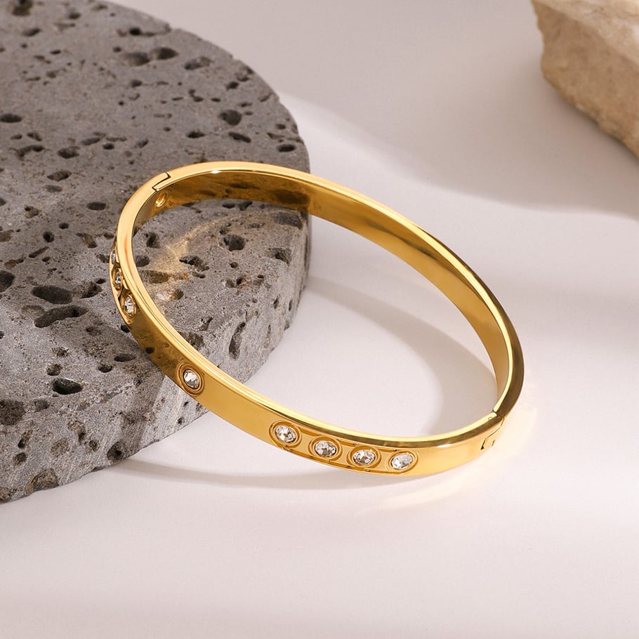 1 Piece Simple Series Europe and America round Stainless Steel 18K Gold Plated Rhinestone Women Bangles Picture6