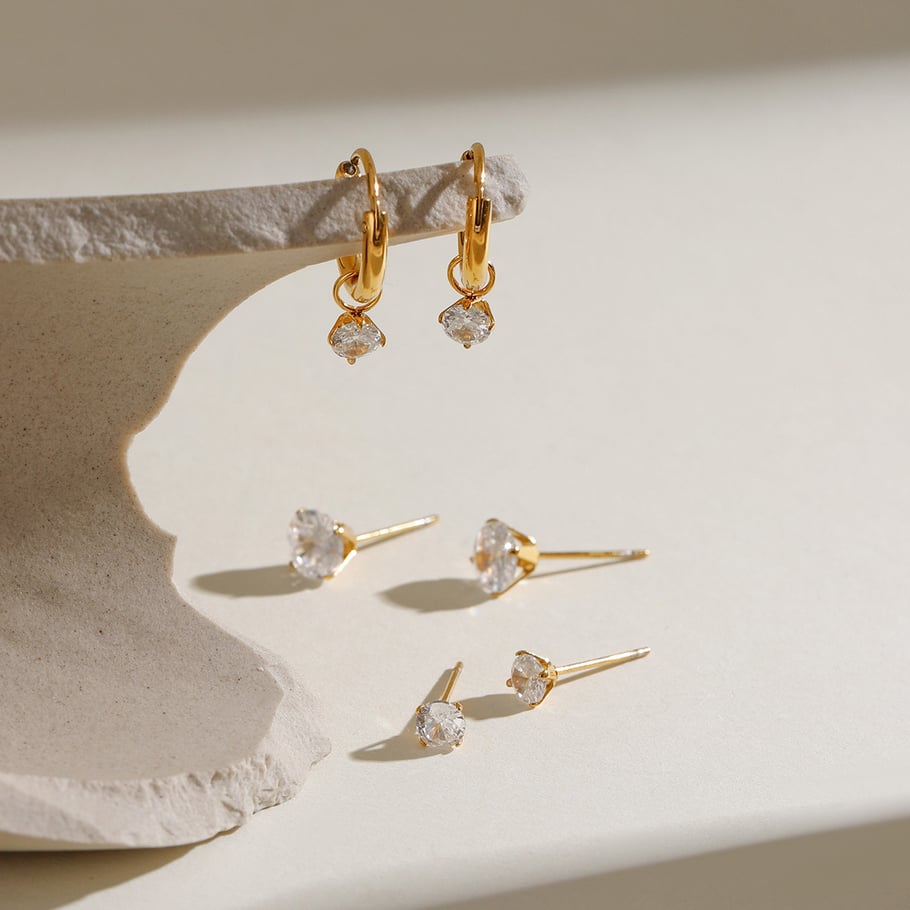1 Paar Ohrringe Set aus süßen geometrischen Zirkonia-Steinen aus Edelstahl der Simple Series, 18 Karat vergoldet Bild5