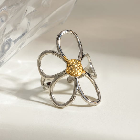 1 Pair Simple Series Retro Flower Stainless Steel 18K Gold Plated Women Adjustable Rings 2