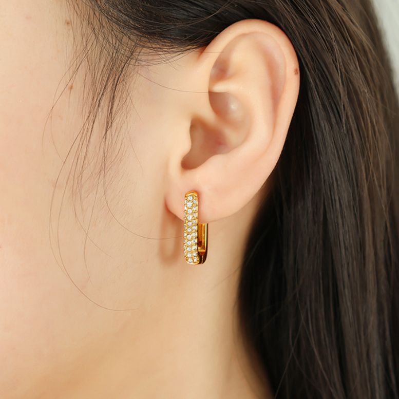 1 Pair Simple Series Classic Geometric Stainless Steel 18K Gold Plated Zircon Women Hoop Earrings Picture3