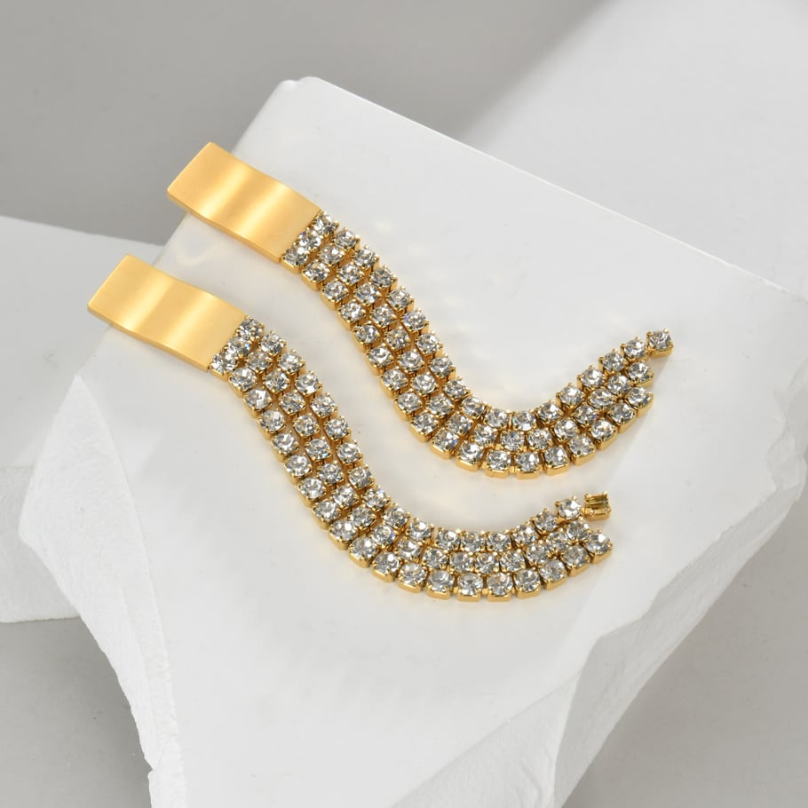 1 paire de boucles d&#39;oreilles à tige rétro en acier inoxydable plaqué or 18 carats avec pampilles et zircons pour femme Image2