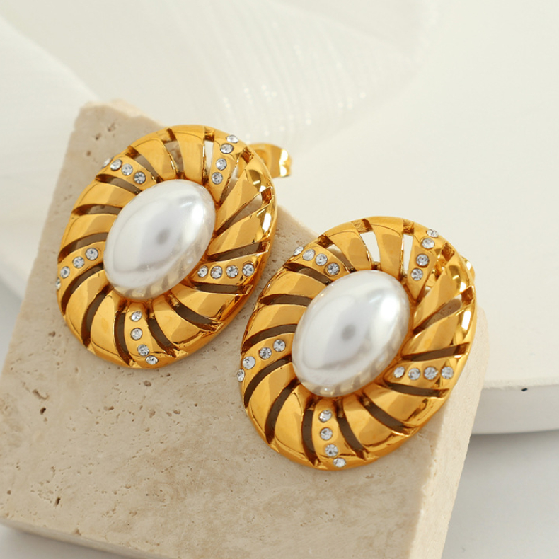 1 Pair Classic Series Retro Geometric Stainless Steel 18K Gold Plated Rhinestone Women Stud Earrings Picture6
