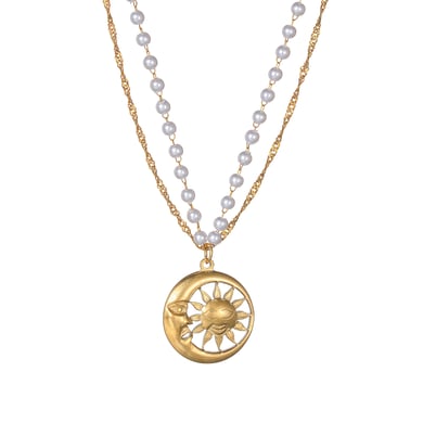 Collier bohème simple en acier inoxydable plaqué or 18 carats avec perles et pendentif soleil/lune pour femme, 1 pièce h5 Image6