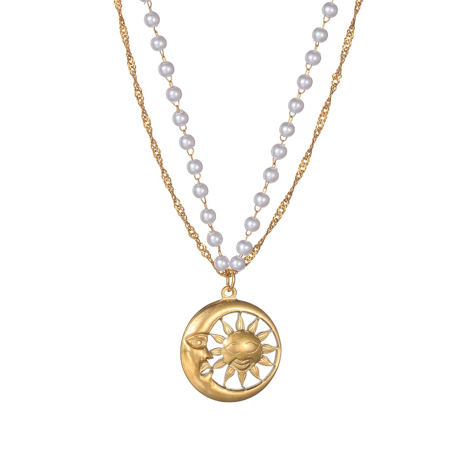 Collier bohème simple en acier inoxydable plaqué or 18 carats avec perles et pendentif soleil/lune pour femme, 1 pièce Image6