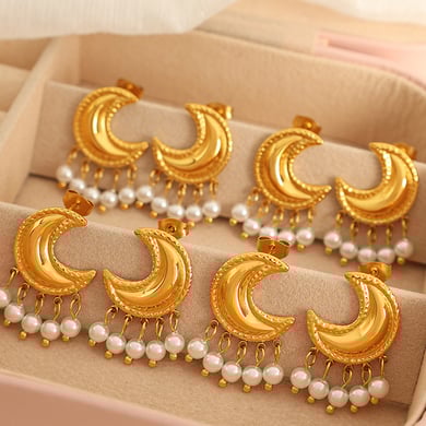 1 Pair Classic Series Retro Sun/Moon Stainless Steel 18K Gold Plated Artificial Pearl Women Stud Earrings h5 Picture7