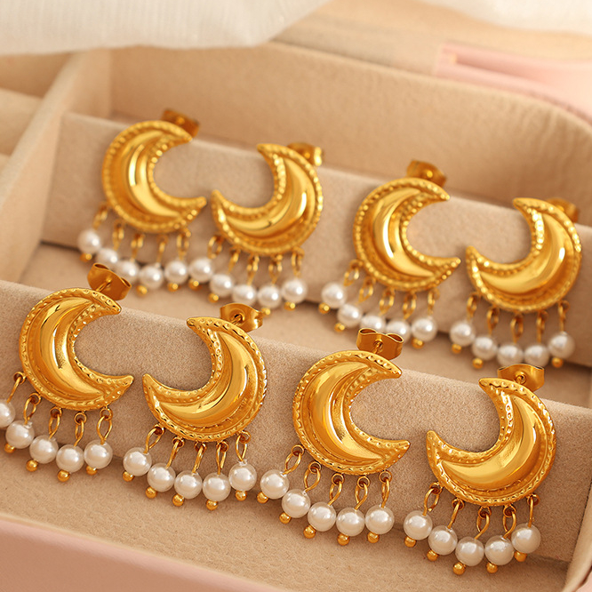 1 Pair Classic Series Retro Sun/Moon Stainless Steel 18K Gold Plated Artificial Pearl Women Stud Earrings Picture7
