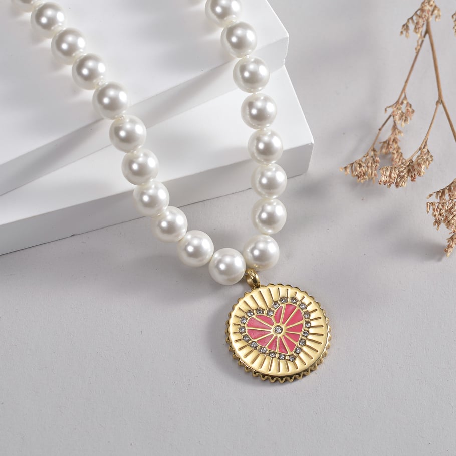 Collier avec pendentif en forme de cœur en acier inoxydable plaqué or 14 carats et zircon pour femme, série romantique, 1 pièce Image4