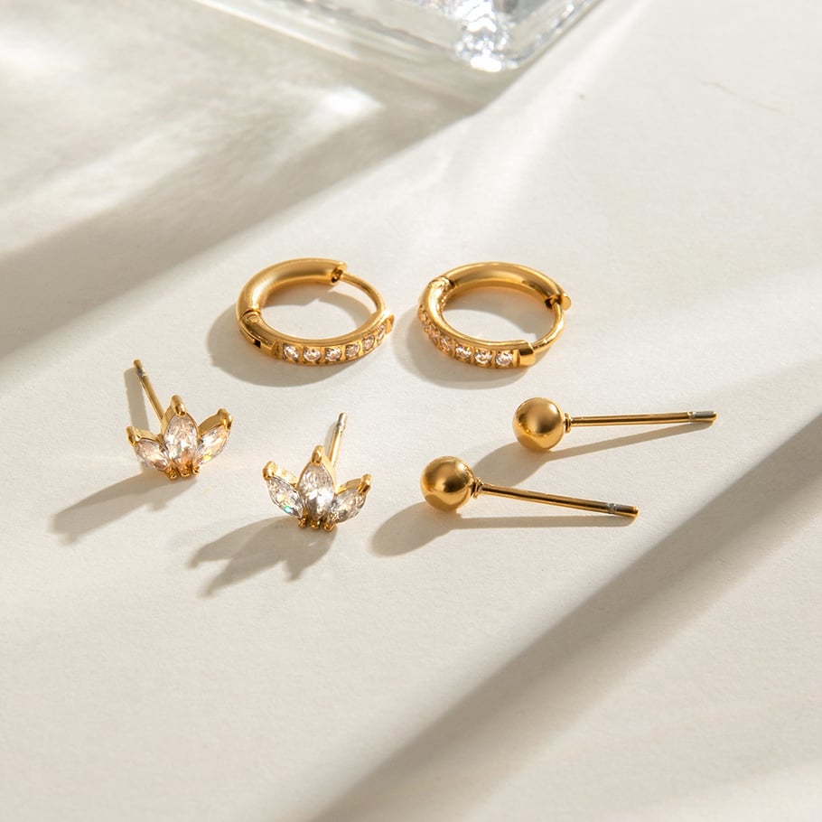 1 Paar Ohrringe Set aus süßen geometrischen Zirkonia-Steinen aus Edelstahl der Simple Series, 18 Karat vergoldet Bild5