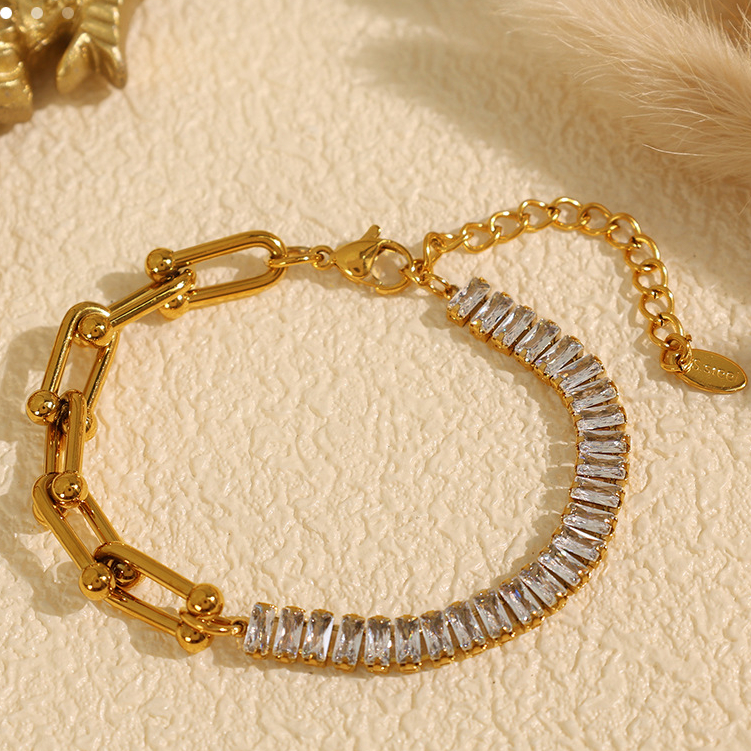 1 Piece Luxurious Series Simple Geometric Stainless Steel 18K Gold Plated Rhinestone Women Charm Bracelets Picture6