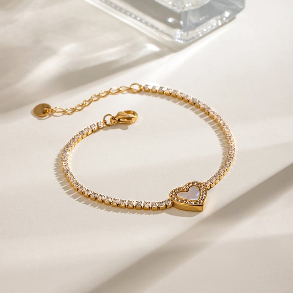 Bracelet à breloques pour femme en acier inoxydable plaqué or 18 carats avec strass, série Simple Sweet Heart 2