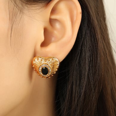 1 Pair Classic Series Retro Heart Stainless Steel 18K Gold Plated Zircon Women Stud Earrings h5 Picture7