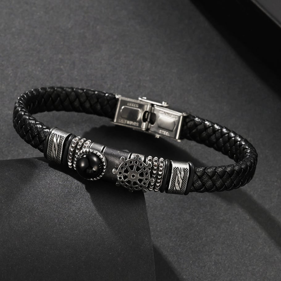 1 Paar Herrenarmbänder der ethnischen Serie im Retro-Stil mit geometrischem Leder und Naturstein Bild2