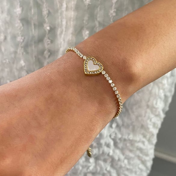 Bracelet à breloques pour femme en acier inoxydable plaqué or 18 carats avec strass, série Simple Sweet Heart