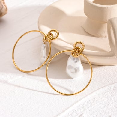 1 par de pendientes colgantes de perlas artificiales para mujer, de acero inoxidable, chapados en oro de 18 quilates, con elegantes formas geométricas. h5 Imagen8