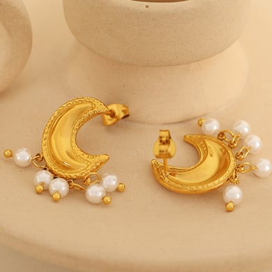 1 Pair Classic Series Retro Sun/Moon Stainless Steel 18K Gold Plated Artificial Pearl Women Stud Earrings h5 Picture4
