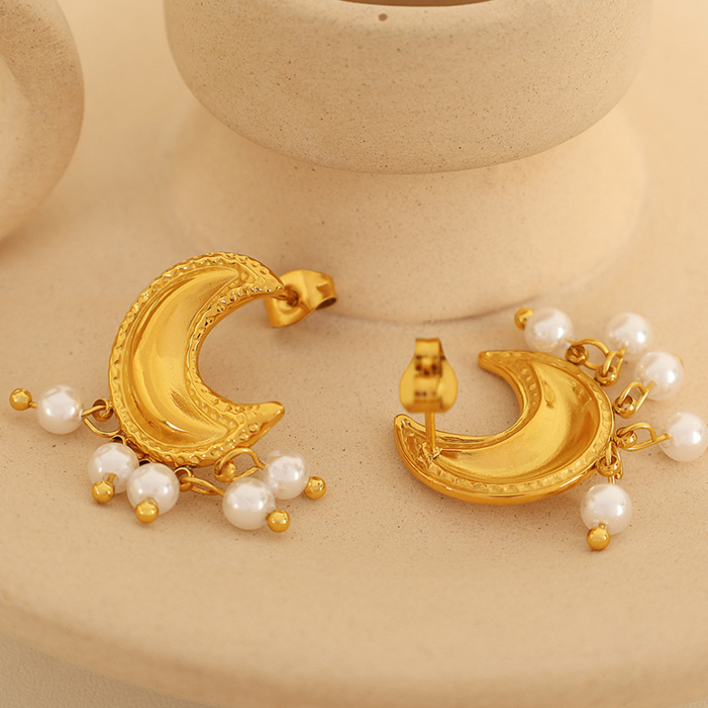 1 Pair Classic Series Retro Sun/Moon Stainless Steel 18K Gold Plated Artificial Pearl Women Stud Earrings Picture4
