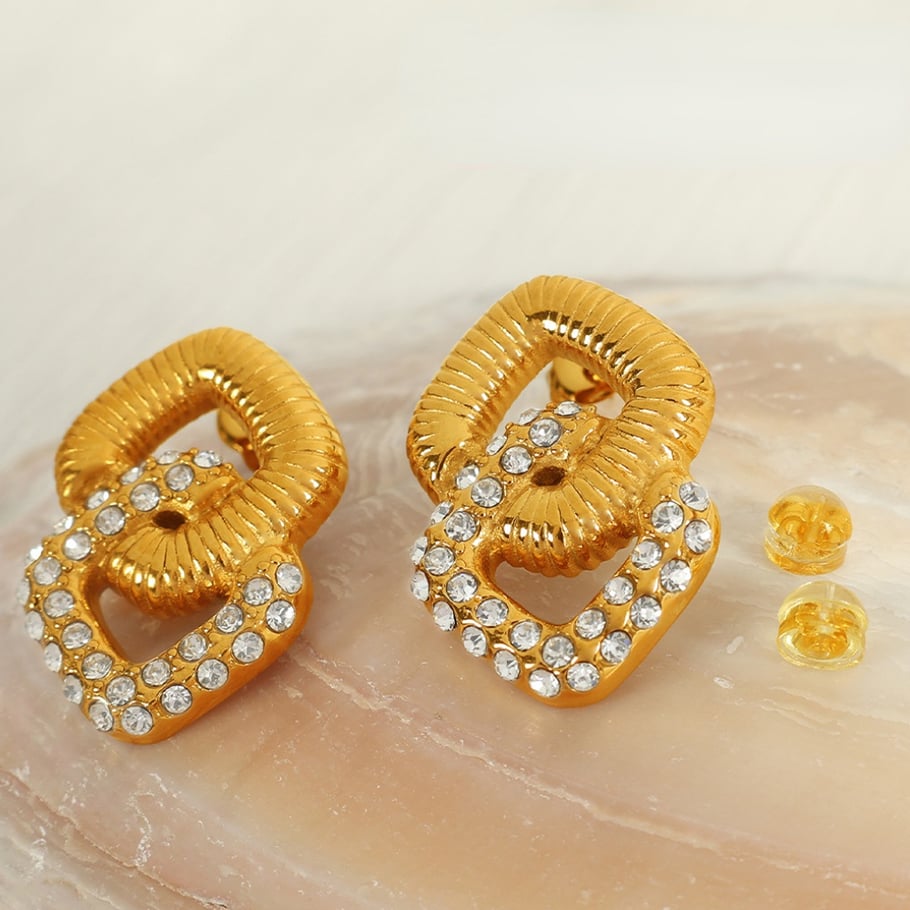 1 Pair Classic Series Retro Geometric Stainless Steel 18K Gold Plated Rhinestone Women Drop Earrings Picture3