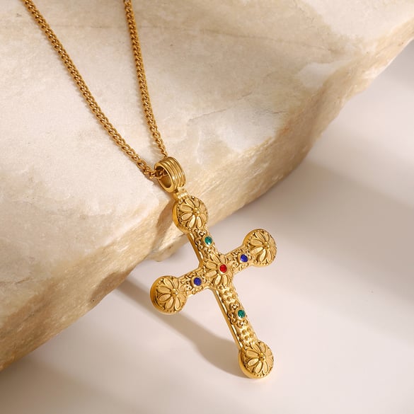 1 Piece Classic Series Europe and America Cross Stainless Steel 18K Gold Plated Rhinestone Women Pendant Necklaces 2