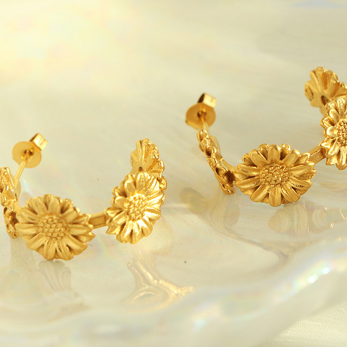 1 Pair Romantic Series Retro Flower Stainless Steel 18K Gold Plated Women Hoop Earrings Picture7