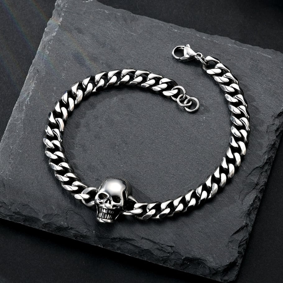 1 paio di bracciali da uomo in acciaio inossidabile con teschio retrò della serie Simple Immagine3