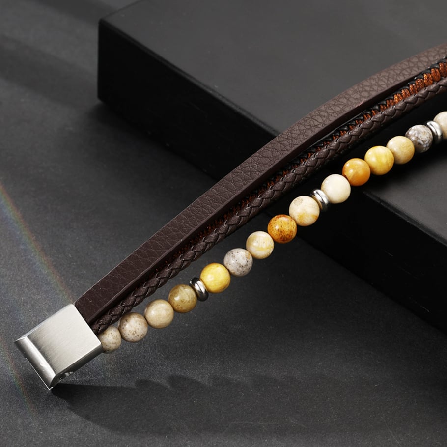 1 Paar Ethnische Serie Ethnische Perlen Leder Naturstein Herrenarmbänder Bild5