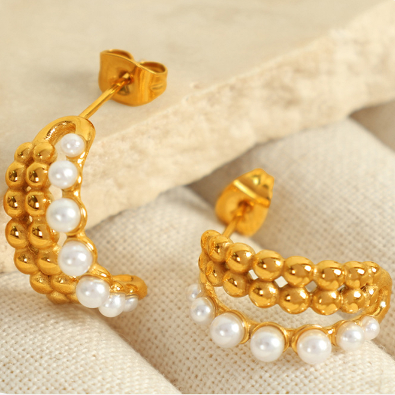 1 Pair Classic Series Retro Beads Stainless Steel 18K Gold Plated Artificial Pearl Women Hoop Earrings Picture3