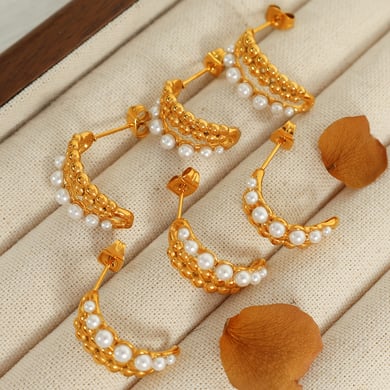1 Pair Classic Series Retro Beads Stainless Steel 18K Gold Plated Artificial Pearl Women Hoop Earrings h5 Picture4