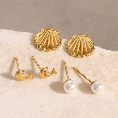 1 Pair Simple Series Europe and America Turtle Stainless Steel 18K Gold Plated Artificial Pearl Women Earrings Set h5 Picture5
