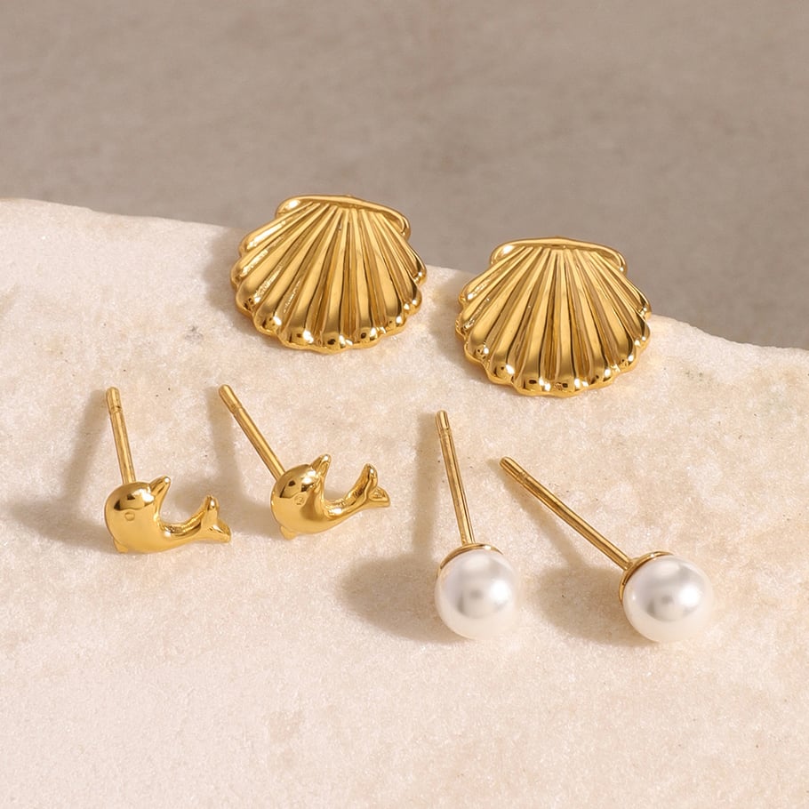 1 Pair Simple Series Europe and America Turtle Stainless Steel 18K Gold Plated Artificial Pearl Women Earrings Set Picture5
