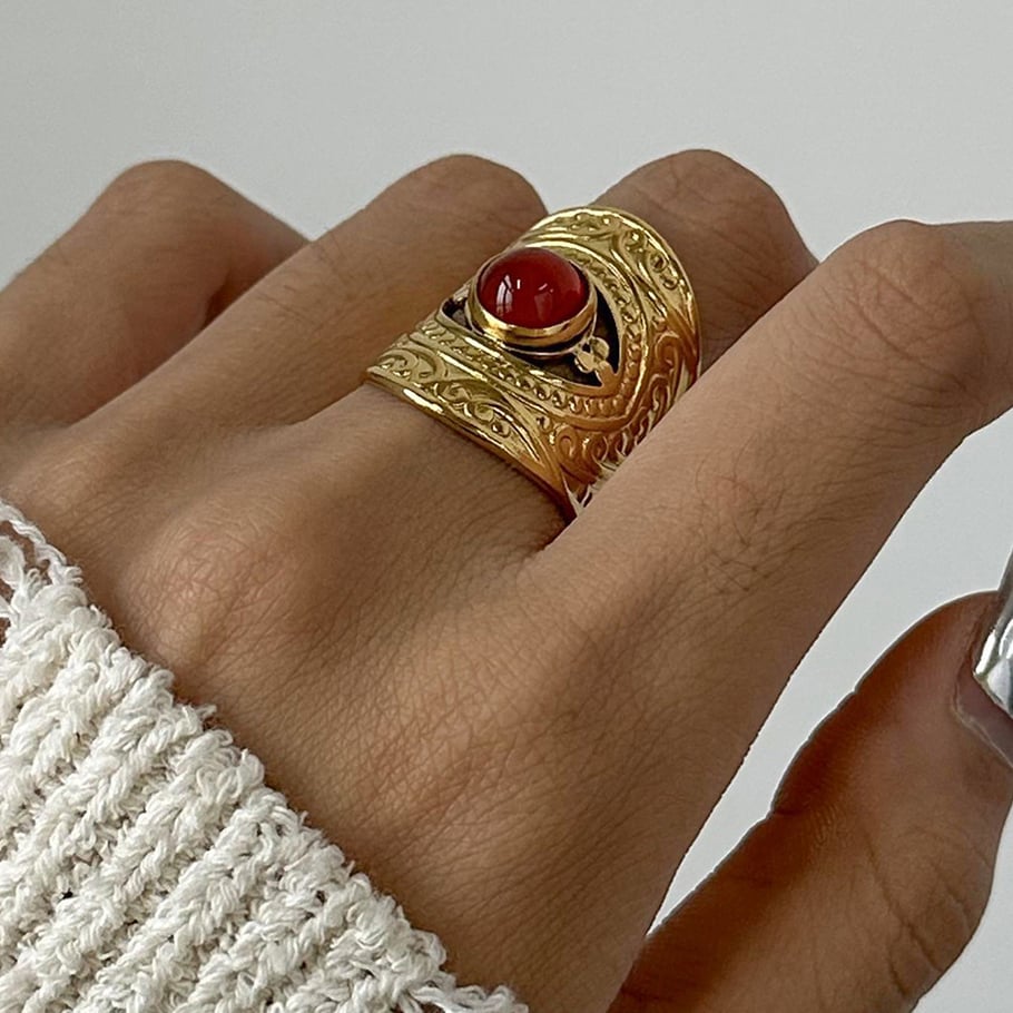 1 Pair Ethnic Series Retro Geometric Stainless Steel 18K Gold Plated Artificial Gemstone Women Adjustable Rings Picture3