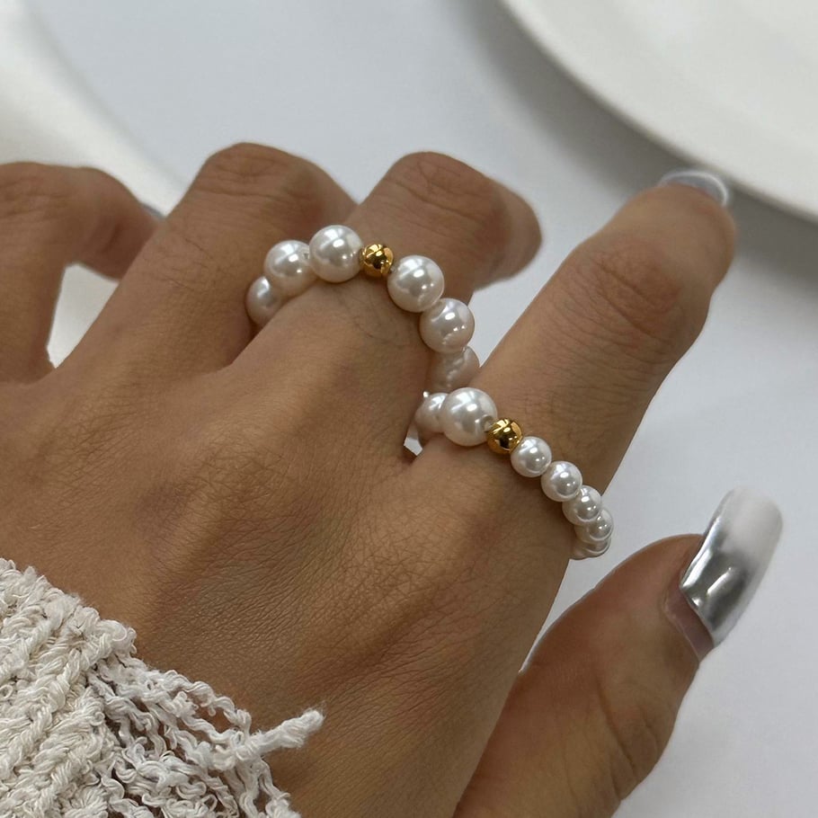 1 Paar Simple Series Elegante Perlen Edelstahl 18 Karat vergoldet Damen Ring-Sets Bild3