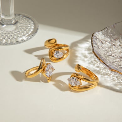 1 Pair Luxurious Series ins style irregular Stainless Steel 18K Gold Plated Rhinestone Women Single Rings h5 Picture4