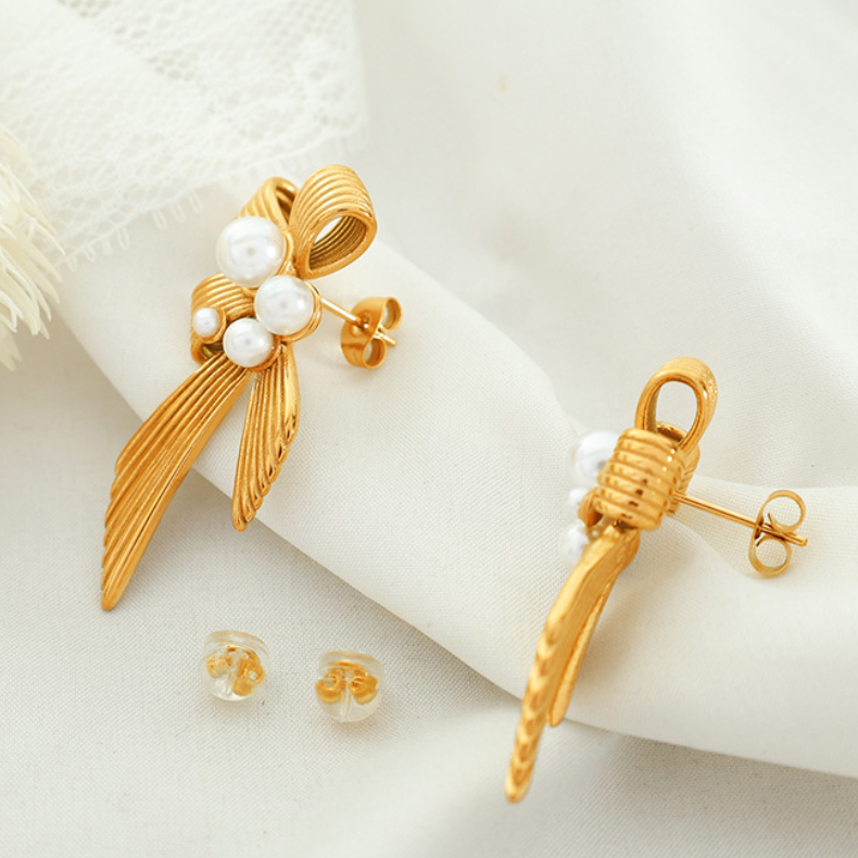 1 Pair Classic Series Retro Bow Knot Stainless Steel 18K Gold Plated Artificial Pearl Women Drop Earrings Picture5