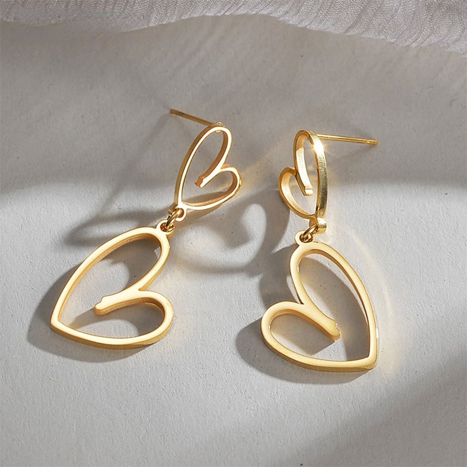 1 paire de boucles d&#39;oreilles pendantes en acier inoxydable plaqué or 18 carats pour femme, série Simple Sweet Heart Image2