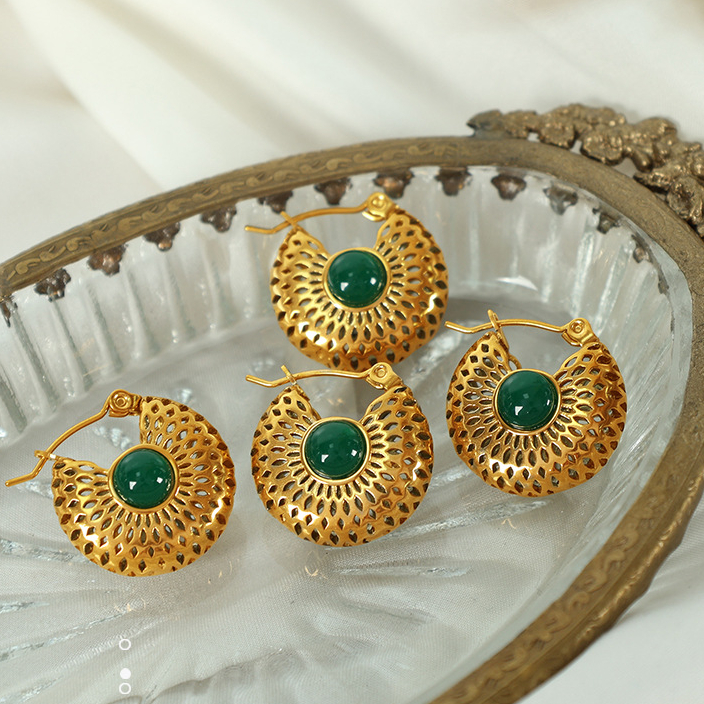 1 Pair Classic Series Retro Geometric Stainless Steel 18K Gold Plated Artificial Gemstone Women Hoop Earrings Picture7