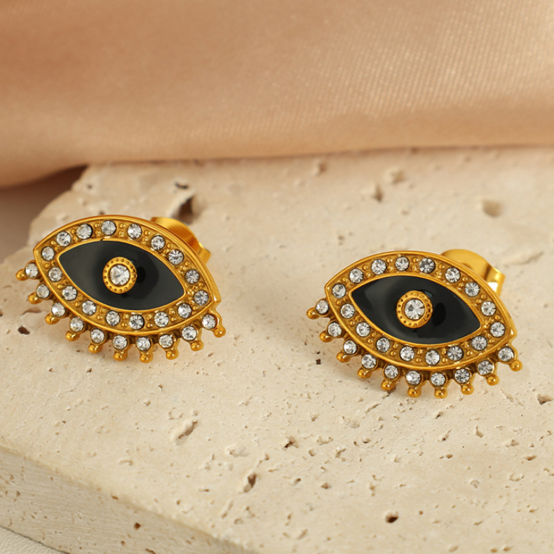 1 Pair Simple Series Retro Eye Stainless Steel 18K Gold Plated Rhinestone Women Stud Earrings Picture6