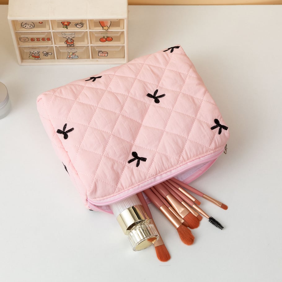 1 Piece Classic Travel Bowknot Portable Large Capacity Beauty Case With Random Printing Design Women's Quilted Cosmetic Bags Picture5