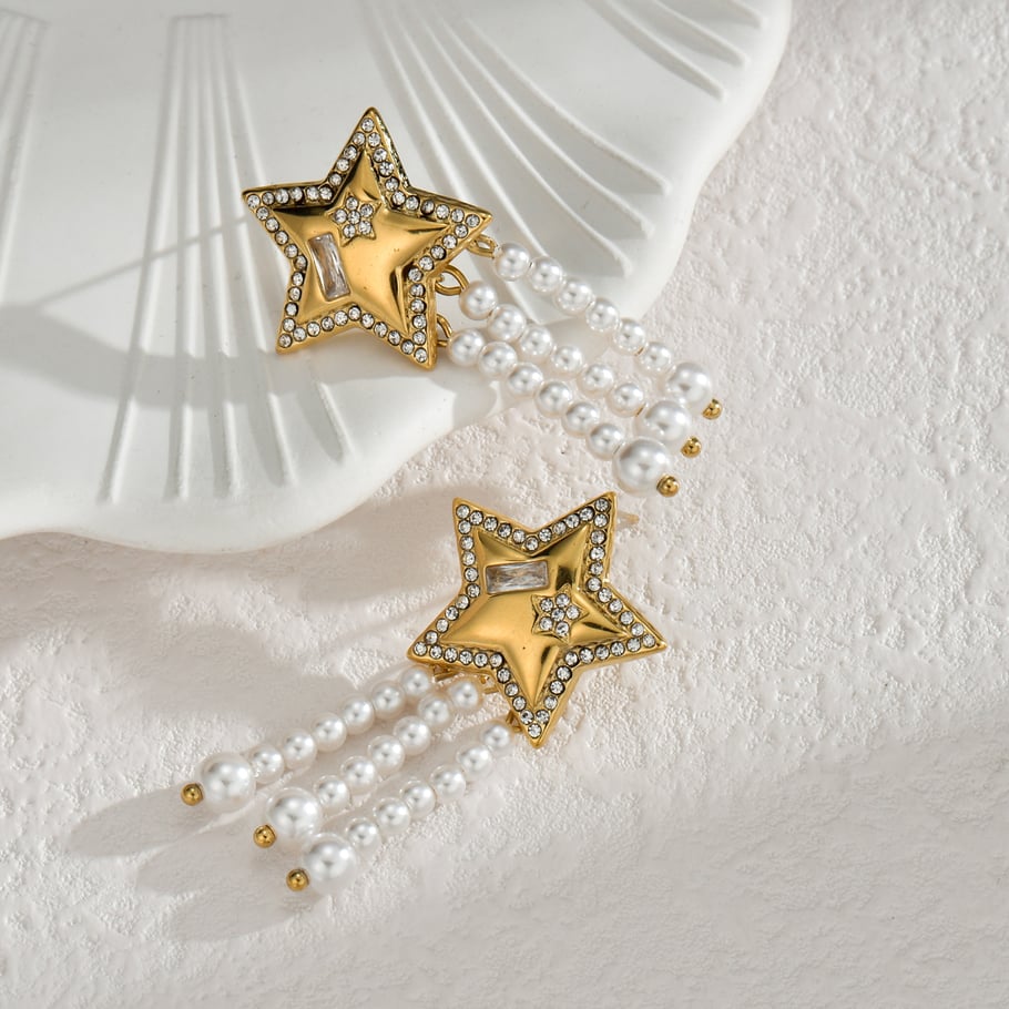 1 paire de boucles d&#39;oreilles pendantes élégantes à pampilles en acier inoxydable plaqué or 18 carats avec perles artificielles pour femmes, série classique Image3