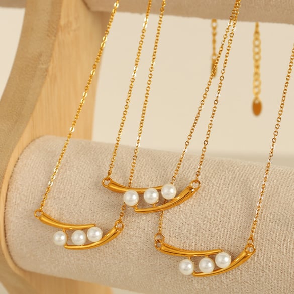 1 Piece Simple Series Retro Beads Stainless Steel 18K Gold Plated Artificial Pearl Women Pendant Necklaces 2