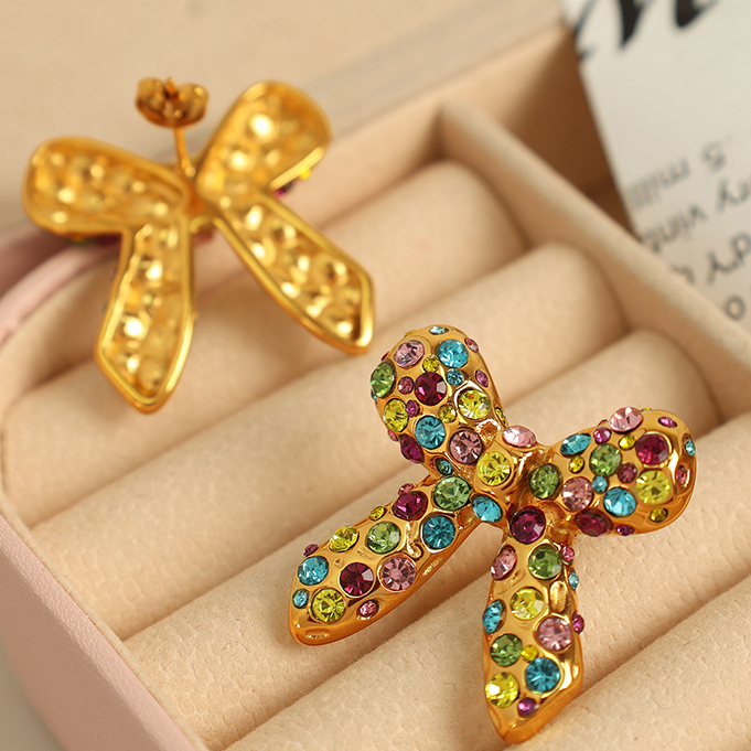 1 Pair Simple Series Retro Bow Knot Stainless Steel 18K Gold Plated Rhinestone Women Stud Earrings Picture6