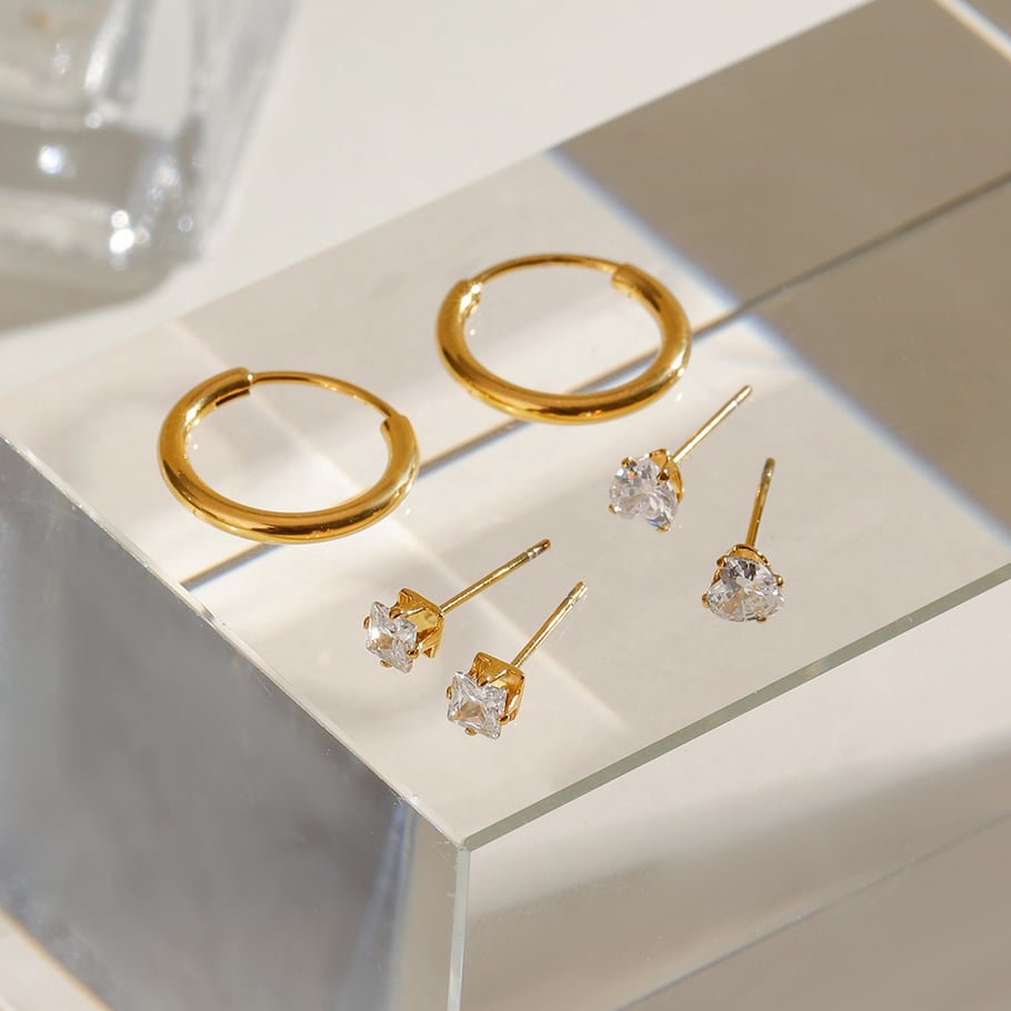 1 Paar Ohrringe-Set aus der Romantischen Serie mit süßen geometrischen Zirkonia aus Edelstahl mit 18 Karat Vergoldung Bild5