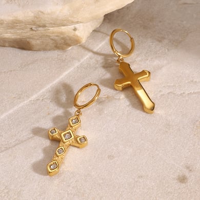 1 Pair Ethnic Series Classic Cross Stainless Steel 18K Gold Plated Zircon Women Drop Earrings h5 Picture5