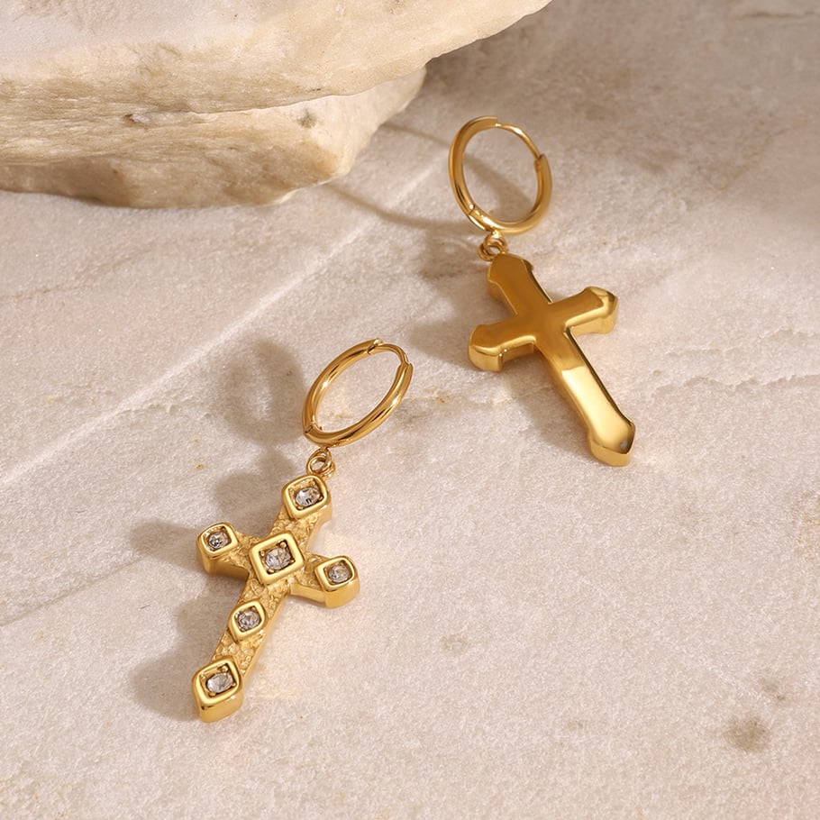 1 Pair Ethnic Series Classic Cross Stainless Steel 18K Gold Plated Zircon Women Drop Earrings Picture5