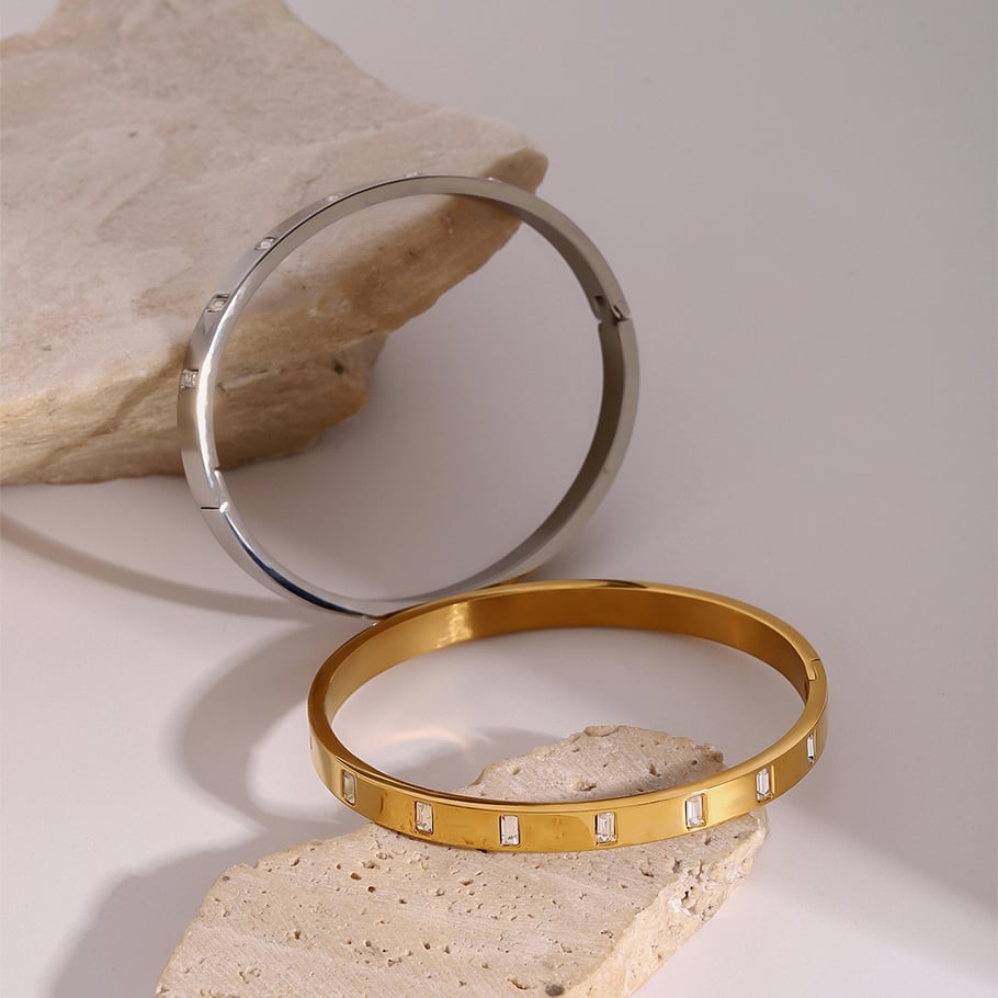 1 Piece Simple Series Casual Annular Stainless Steel 18K Gold Plated Rhinestone Women Bangles Picture4